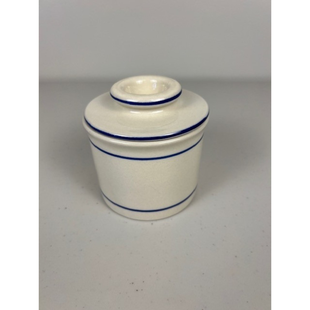 Norpro Ceramic French Butter Keeper Crock Cream‎ with Navy Blue Stripes 2 Piece